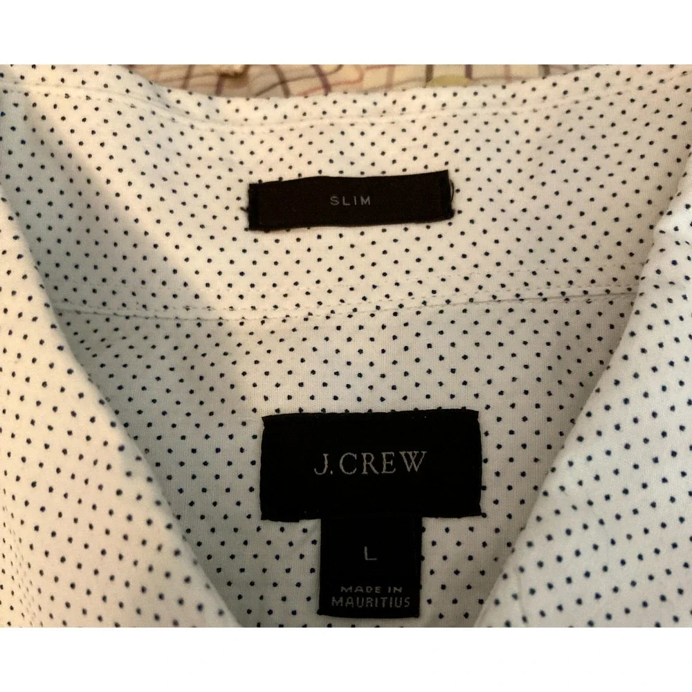 J. Crew Shirt Mens Sz L White Navy Blue Polka Dot Cotton Slim‎ Fit Button Up